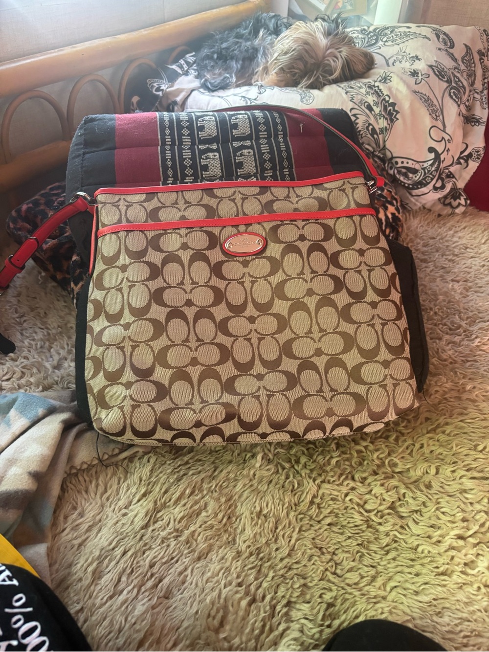 Coach Khaki Signature Canvas Crossbody with Red Trim